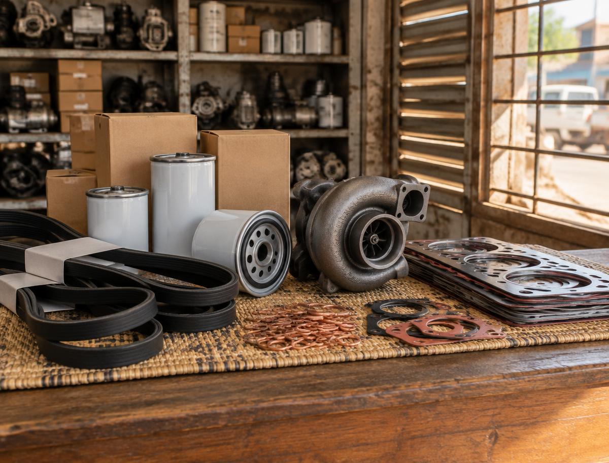 Filtres, courroies, joints et turbo sur le comptoir de l’atelier