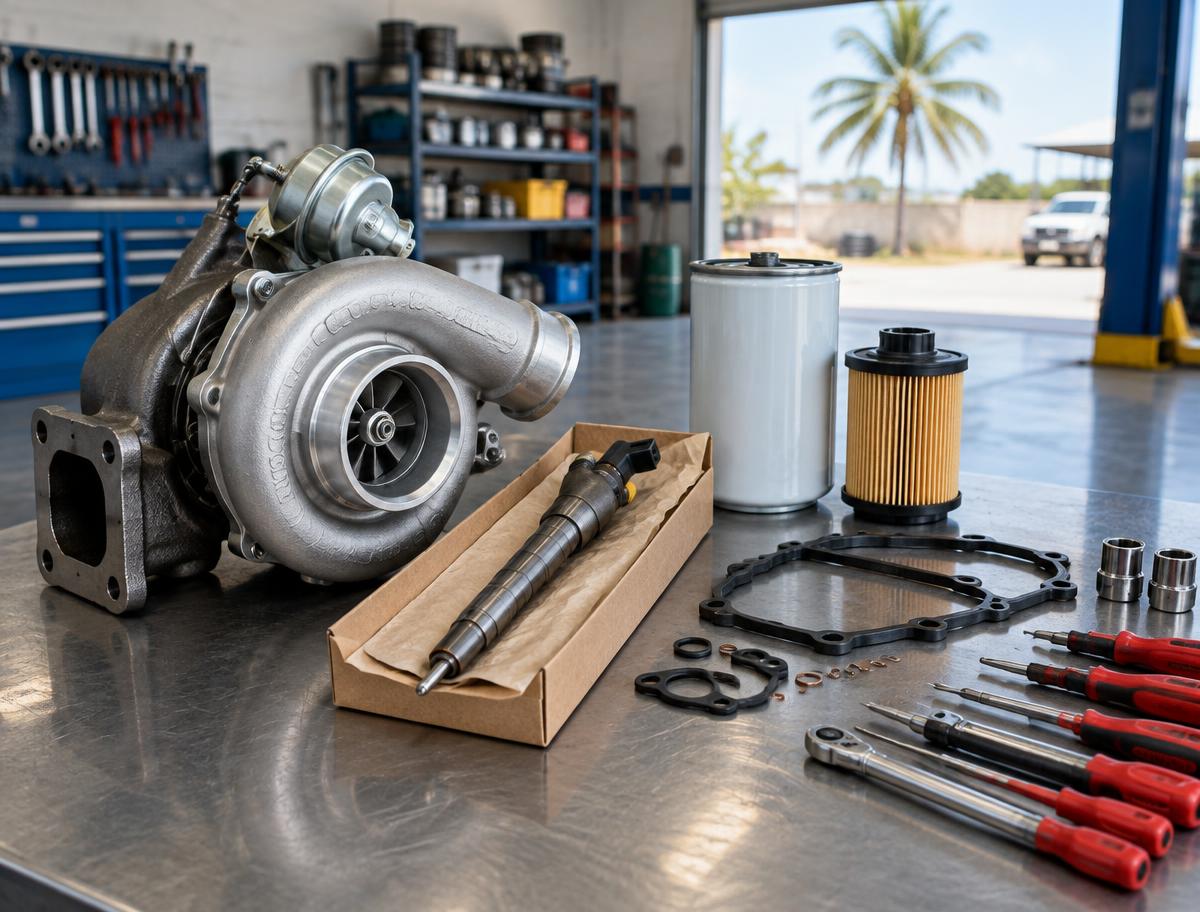 Turbo, injecteur, filtres et outils d’atelier sur un établi